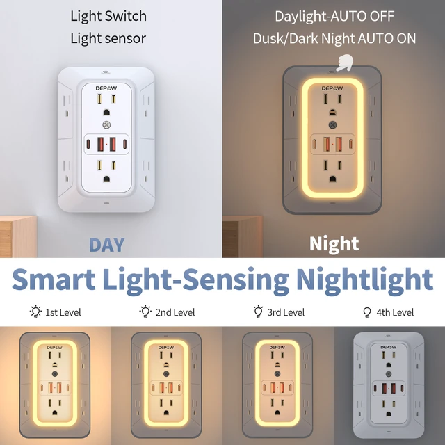 Alt view image 2 of 7 - Outlet Extender with Night Light, Multi Plug Outlet Surge Protector,6 Outlet Splitter with 4 USB Outlet (2 USB A,2 USB C) 3 Sided Multi Plug Wall Adapter Power Strip for Home Travel Office 2 Pack