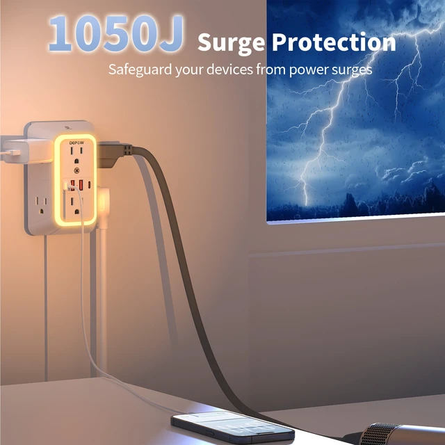 Alt view image 7 of 7 - Outlet Extender with Night Light, Multi Plug Outlet Surge Protector,6 Outlet Splitter with 4 USB Outlet (2 USB A,2 USB C) 3 Sided Multi Plug Wall Adapter Power Strip for Home Travel Office 2 Pack