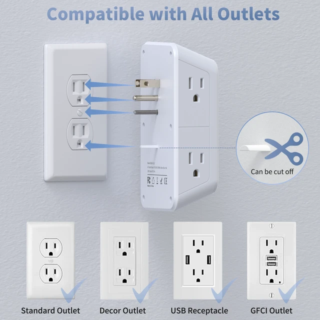 Alt view image 6 of 7 - Outlet Extender with Night Light, Multi Plug Outlet Surge Protector,6 Outlet Splitter with 4 USB Outlet (2 USB A,2 USB C) 3 Sided Multi Plug Wall Adapter Power Strip for Home Travel Office 2 Pack