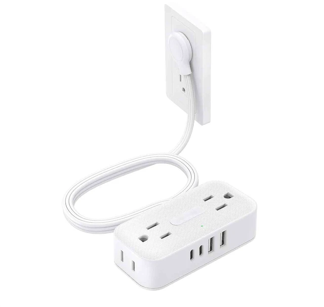 Main image of Flat Plug Power Strip, Small Extension Cord 5ft, 4 AC & 4 USB, White, Flat Extension Cord, 1250W, Wall Mount 900J Surge Protector for Home Office Travel Dorm Room Essentials