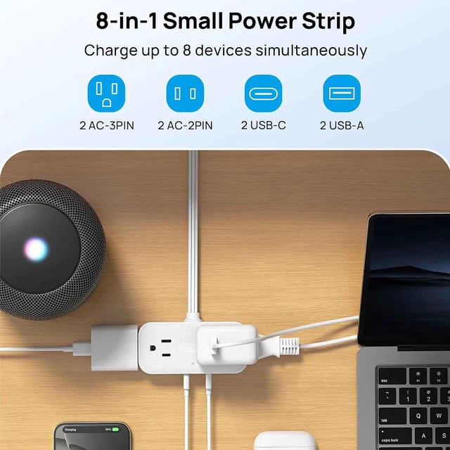Alt view image 2 of 7 - Flat Plug Power Strip, Small Extension Cord 5ft, 4 AC & 4 USB, White, Flat Extension Cord, 1250W, Wall Mount 900J Surge Protector for Home Office Travel Dorm Room Essentials