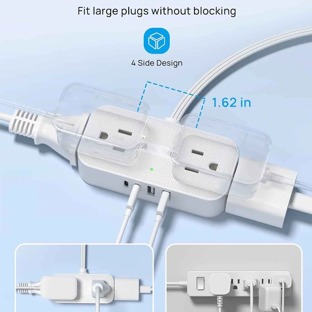 Alt view image 5 of 7 - Flat Plug Power Strip, Small Extension Cord 5ft, 4 AC & 4 USB, White, Flat Extension Cord, 1250W, Wall Mount 900J Surge Protector for Home Office Travel Dorm Room Essentials