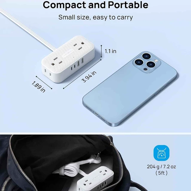 Alt view image 3 of 7 - Flat Plug Power Strip, Small Extension Cord 5ft, 4 AC & 4 USB, White, Flat Extension Cord, 1250W, Wall Mount 900J Surge Protector for Home Office Travel Dorm Room Essentials