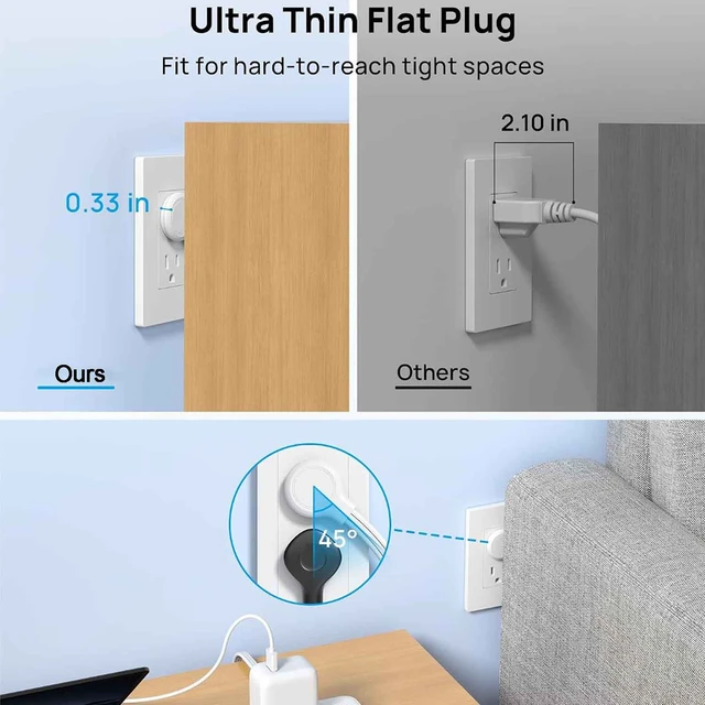 Alt view image 6 of 7 - Flat Plug Power Strip, Small Extension Cord 5ft, 4 AC & 4 USB, White, Flat Extension Cord, 1250W, Wall Mount 900J Surge Protector for Home Office Travel Dorm Room Essentials
