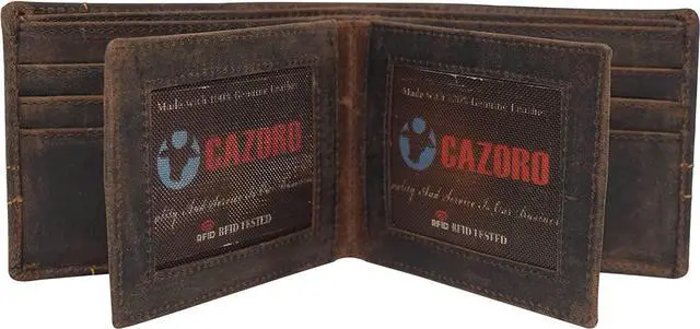 Main image of CAZORO Wallets For Men RFID Blocking Vintage Leather Large Bifold Double ID Window Wallet With Box (Brown)