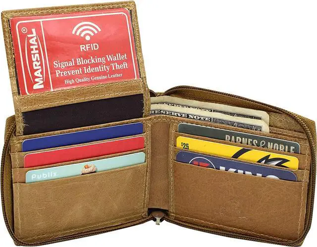 Alt view image 2 of 7 - Men's Zip Around RFID Blocking Genuine Leather Outside ID Bifold Tan Wallet for Men