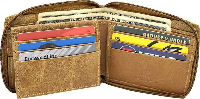 Alt view image 3 of 7 - Men's Zip Around RFID Blocking Genuine Leather Outside ID Bifold Tan Wallet for Men