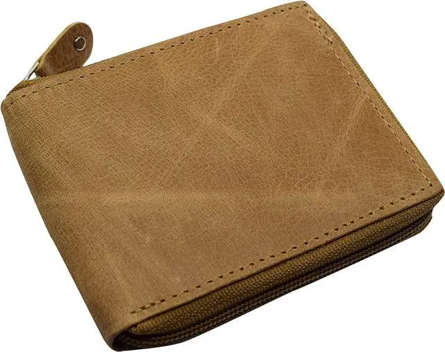 Alt view image 4 of 7 - Men's Zip Around RFID Blocking Genuine Leather Outside ID Bifold Tan Wallet for Men