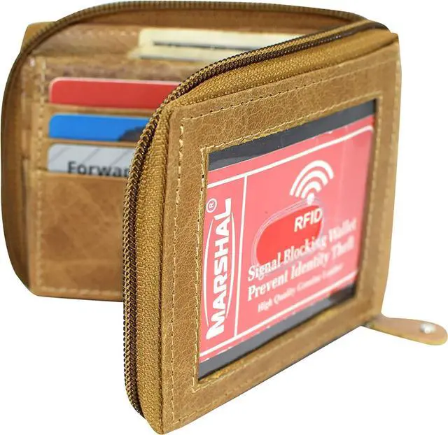Alt view image 5 of 7 - Men's Zip Around RFID Blocking Genuine Leather Outside ID Bifold Tan Wallet for Men
