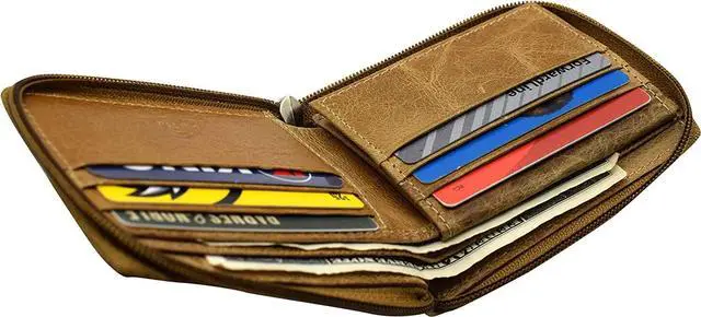 Alt view image 6 of 7 - Men's Zip Around RFID Blocking Genuine Leather Outside ID Bifold Tan Wallet for Men