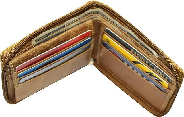 Alt view image 7 of 7 - Men's Zip Around RFID Blocking Genuine Leather Outside ID Bifold Tan Wallet for Men