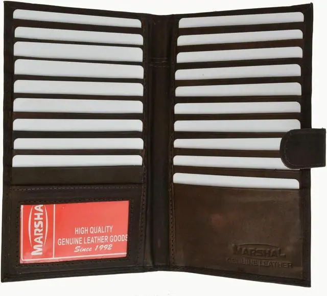 Main image of Genuine Leather Credit Card Holder Wallet 19 Card Slots + ID Window & Snap Brown