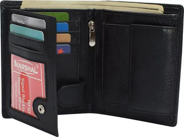 Alt view image 3 of 7 - Marshal Men's Genuine Leather Hipster Style Bifold Trifold RFID Blocking Wallet with ID Window (Black)