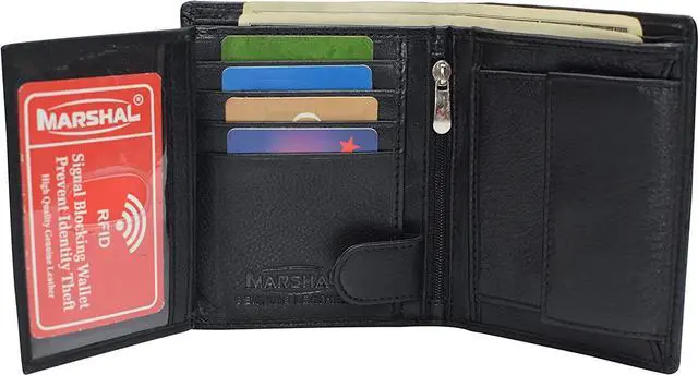 Alt view image 4 of 7 - Marshal Men's Genuine Leather Hipster Style Bifold Trifold RFID Blocking Wallet with ID Window (Black)