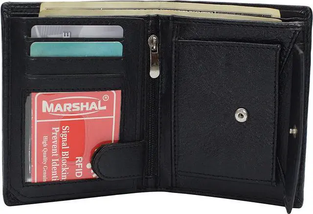Alt view image 5 of 7 - Marshal Men's Genuine Leather Hipster Style Bifold Trifold RFID Blocking Wallet with ID Window (Black)