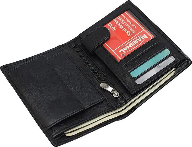 Alt view image 7 of 7 - Marshal Men's Genuine Leather Hipster Style Bifold Trifold RFID Blocking Wallet with ID Window (Black)