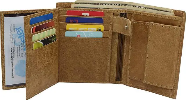 Alt view image 3 of 7 - Marshal Men's Genuine Leather Hipster Style Bifold Trifold RFID Blocking Wallet with ID Window (Tan)