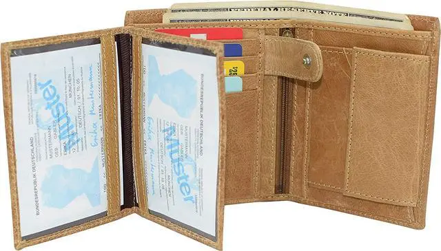 Alt view image 4 of 7 - Marshal Men's Genuine Leather Hipster Style Bifold Trifold RFID Blocking Wallet with ID Window (Tan)