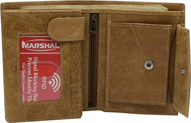 Alt view image 6 of 7 - Marshal Men's Genuine Leather Hipster Style Bifold Trifold RFID Blocking Wallet with ID Window (Tan)