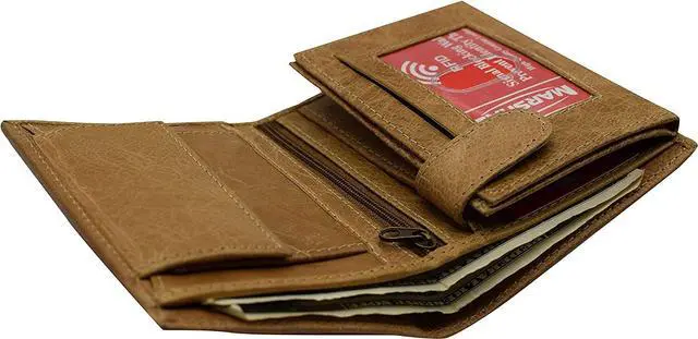 Alt view image 7 of 7 - Marshal Men's Genuine Leather Hipster Style Bifold Trifold RFID Blocking Wallet with ID Window (Tan)