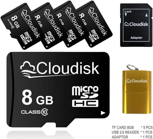 Main image of 8GB 5Pack Cloudisk MicroSDHC Memory Card High Speed Flash Memory Card for  Videos photos Smartphone  tablet laptop cameras and more With Adapter and USB Flash drive