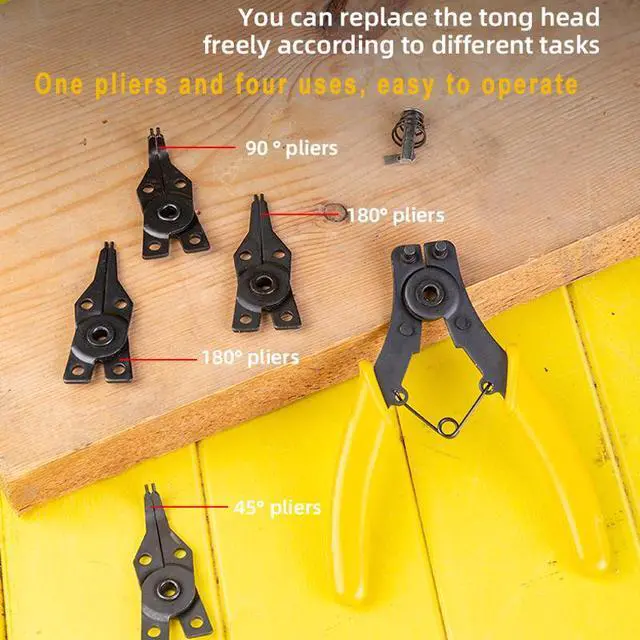 Alt view image 3 of 7 - Deli Snap Ring Pliers Set  5 Pc Interchangeable Jaw Head C Clip Pliers Set Straight, 45 degree & 90 Degree