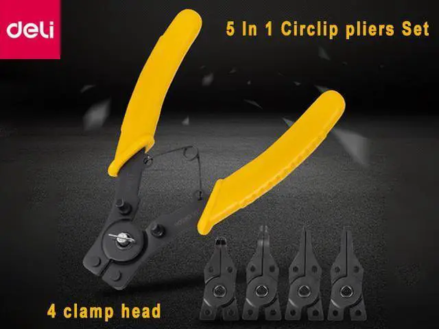 Main image of Deli Snap Ring Pliers Set  5 Pc Interchangeable Jaw Head C Clip Pliers Set Straight, 45 degree & 90 Degree