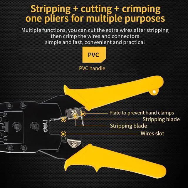Alt view image 5 of 7 - Deli Terminal Crimper Data Cable Crimper Wire Stripper Wire Cutter Network Cable Telephone Cable