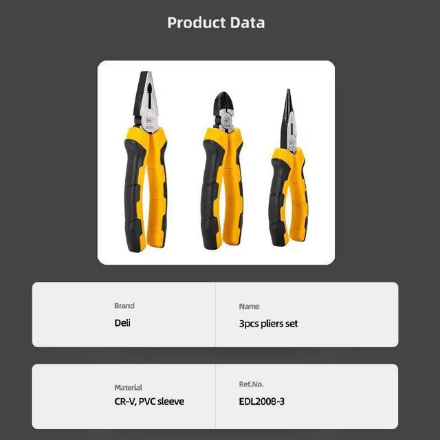 Alt view image 7 of 7 - Deli Pliers Set 3-Pi Combination Plier Long Nose Plier Diagonal Cutting Plier Ergonomic Non Slip Soft CR-V Tool, Home Improvement