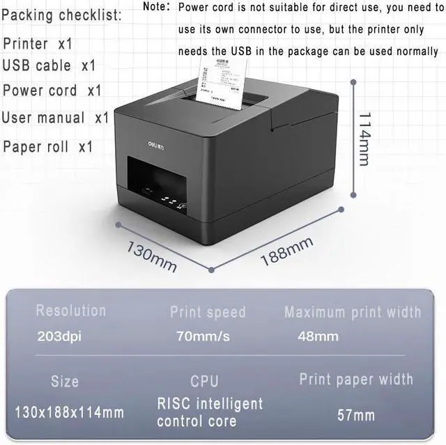 Alt view image 2 of 7 - Deli Thermal Receipt Printer 48mm Max-Width Small USB Direct Printer with High-Speed Printing and and Support Bluetooth,Black