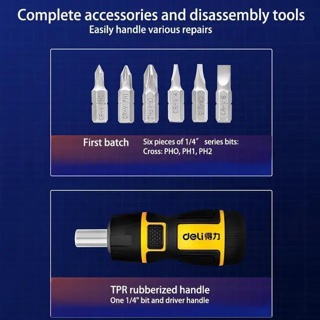 Alt view image 6 of 7 - Deli 7-in-1 Ratcheting Multi-Bit Screwdriver Set Quick-load Mechanism Screwdriver