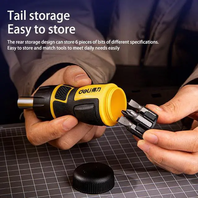 Alt view image 2 of 7 - Deli 7-in-1 Ratcheting Multi-Bit Screwdriver Set Quick-load Mechanism Screwdriver
