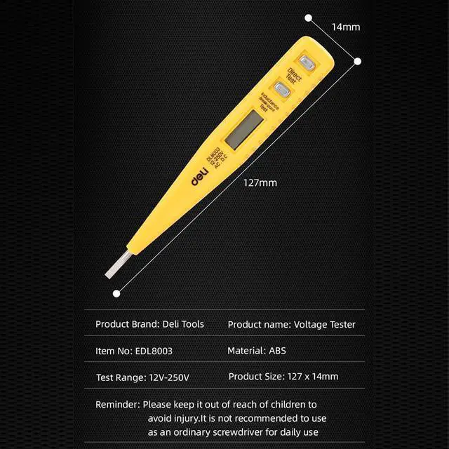 Alt view image 2 of 7 - Deli Voltage Tester/12V-250V AC/DC Measurement Tools LCD Display Electrical Tester Pocket Clip Non-Contact and Contact Voltage Pen