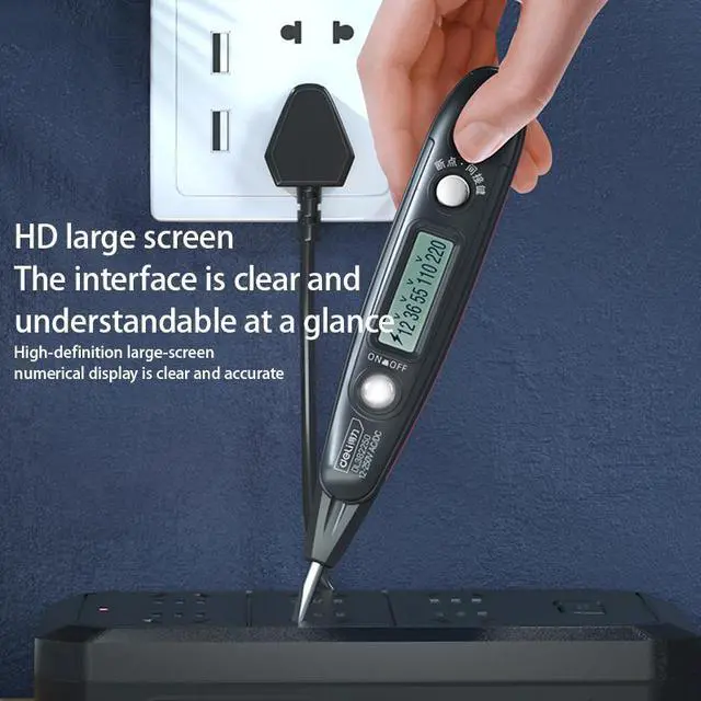 Alt view image 2 of 7 - Deli Voltage Tester Electrical Tester 12-250V AC/DC LED Display,Flashlight,Pocket Clip,Wire Breakpoint Finder