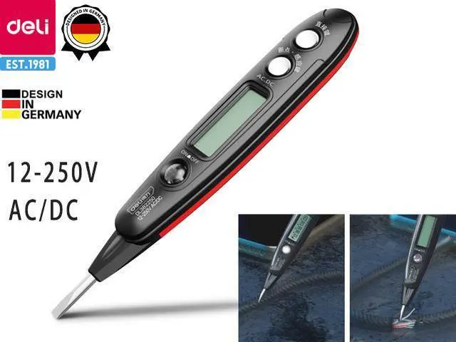 Main image of Deli Voltage Tester Electrical Tester 12-250V AC/DC LED Display,Flashlight,Pocket Clip,Wire Breakpoint Finder