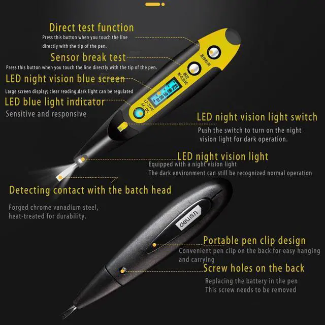Alt view image 3 of 7 - Deli Tester Pen Voltage Non-Contact Detector Pen 12-250v LED Large Blue Screen Display Auxiliary Lighting