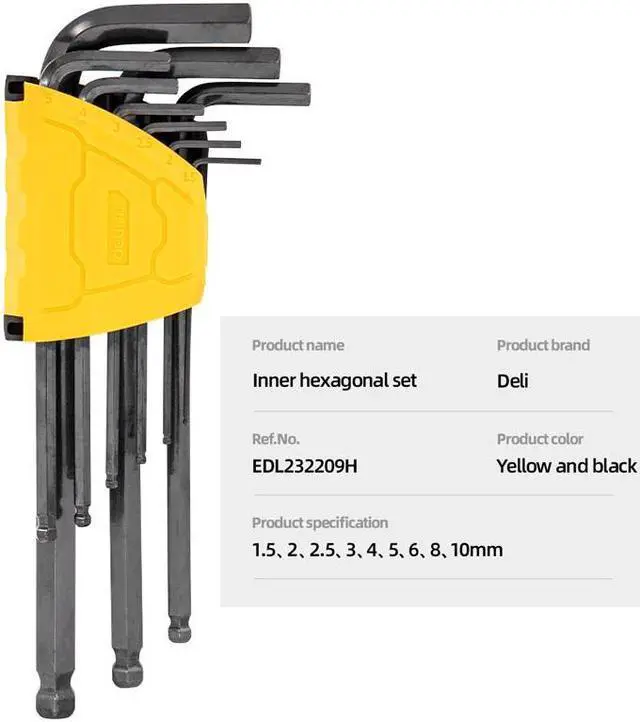 Alt view image 6 of 7 - Deli Long Ball End Blacken Hex Key Set Cr-v materail L Shape Precise and Chamfered Tips Laser Scale