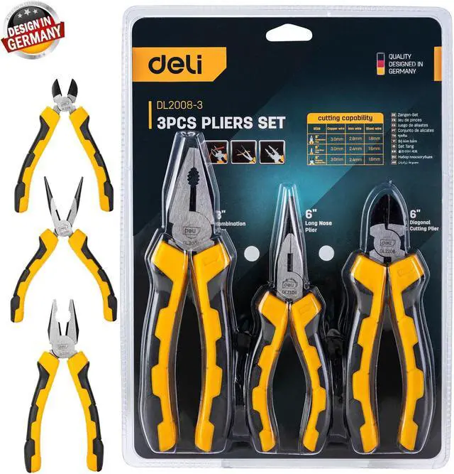 Main image of Deli Pliers Set 3-Pi Combination Plier Long Nose Plier Diagonal Cutting Plier Ergonomic Non Slip Soft CR-V Tool, Home Improvement