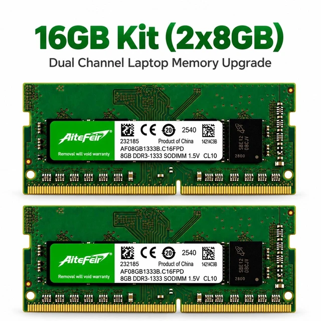 Alt view image 6 of 6 - DDR3 16GB Kit (2x8GB) 1333MHz Laptop RAM, PC3-10600 204-Pin SO-DIMM Notebook Memory, 1.5V Non-ECC Unbuffered, Dual Channel Memory Upgrade for DDR3 Compatible Laptops