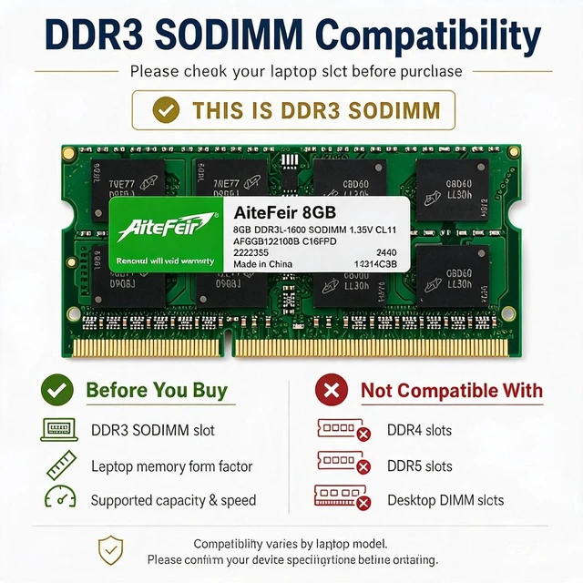 Alt view image 2 of 7 - AiteFeir DDR3L 16GB Kit (2x8GB) 1600MHz Laptop RAM, PC3L-12800 204-Pin SO-DIMM Notebook Memory, 1.35V Non-ECC Unbuffered, Memory Upgrade for Compatible Laptops
