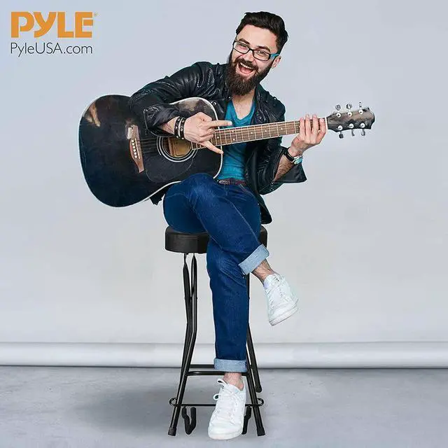 Alt view image 6 of 7 - Pyle PYG60 Performer Chair Seat Portable Stool with Adjustable Guitar Stand