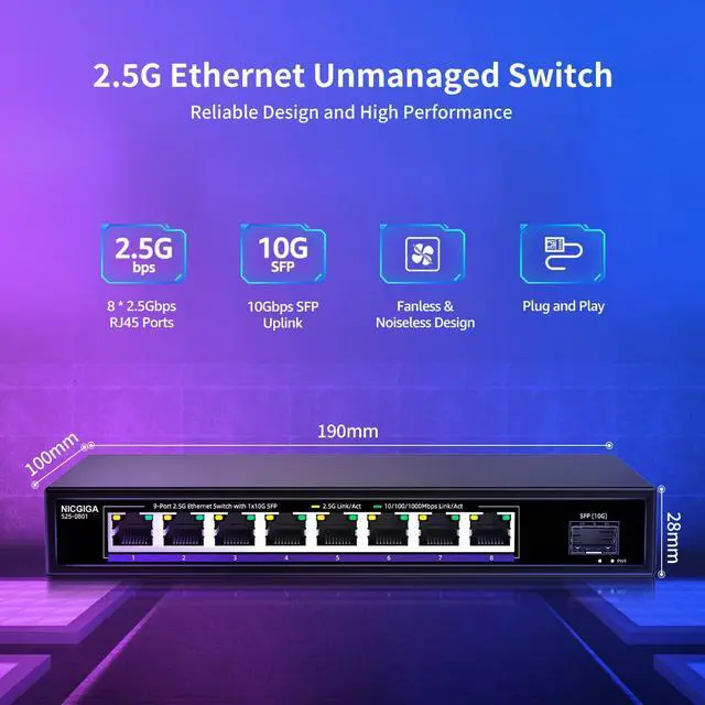 Alt view image 3 of 7 - NICGIGA 8 Port 2.5G Ethernet Switch with 10G SFP Uplink, Unmanaged 2.5Gb Network Switch, Plug & Play, Desktop/Wall-Mount, Fanless Metal Design.