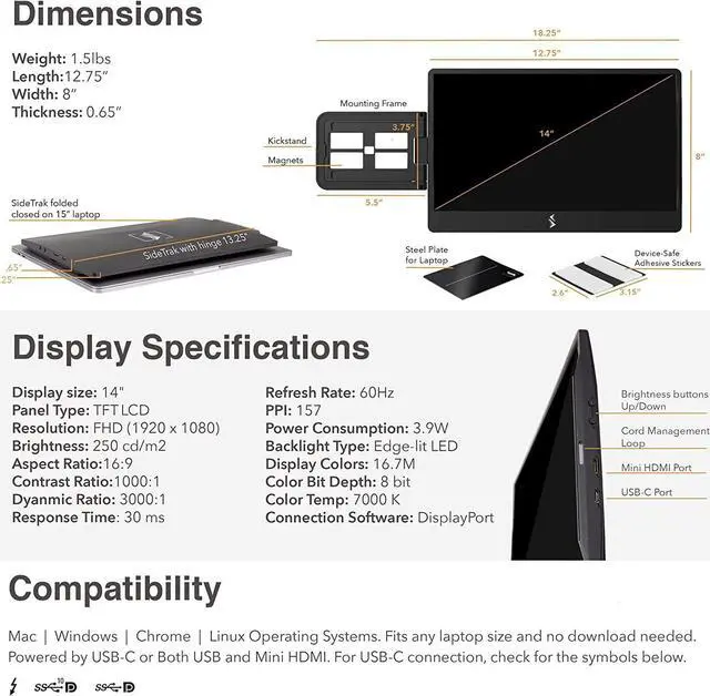Alt view image 7 of 7 - Swivel 14 Attachable Portable Monitor for Laptop FHD TFT USB Laptop Dual Screen with Kickstand | Compatible with Mac, PC, & Chrome | Fits All Laptop Sizes | Powered by USB-C or Mini HDMI