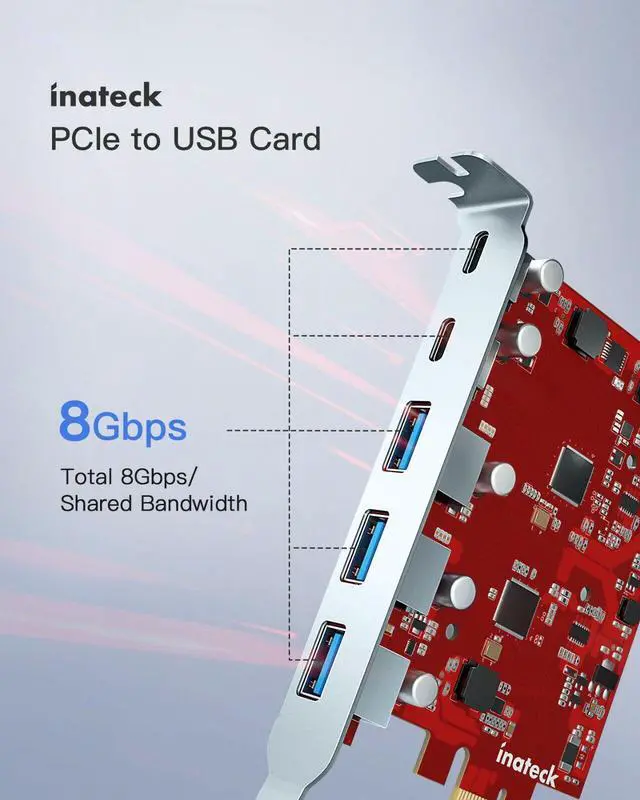 Alt view image 2 of 7 - Inateck PCIe to USB 3.2 Gen 2 Expansion Card 8 Gbps 3 Type A & 2 Type C Ports
