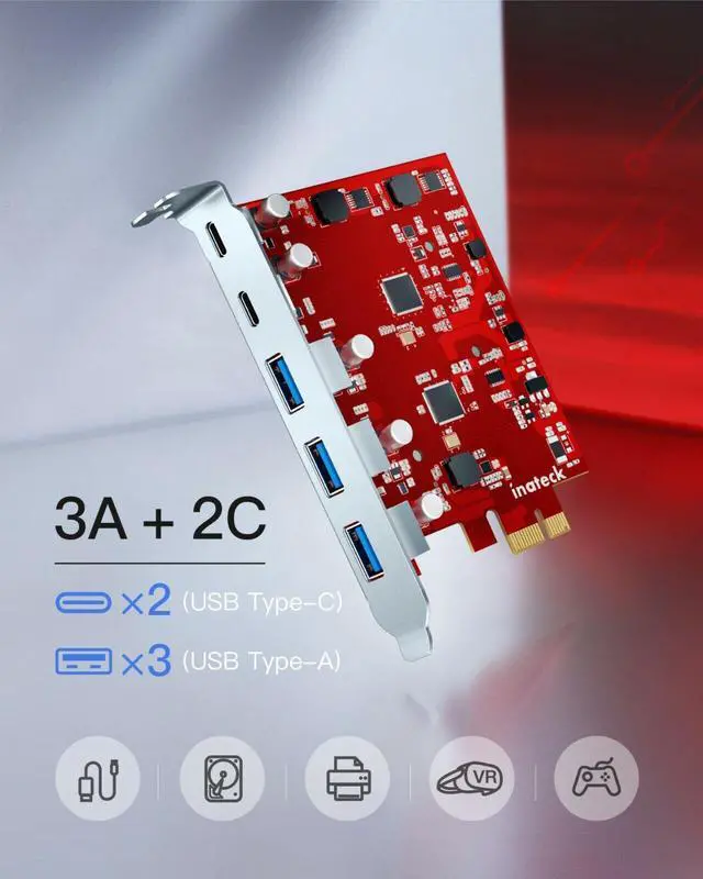 Alt view image 3 of 7 - Inateck PCIe to USB 3.2 Gen 2 Expansion Card 8 Gbps 3 Type A & 2 Type C Ports
