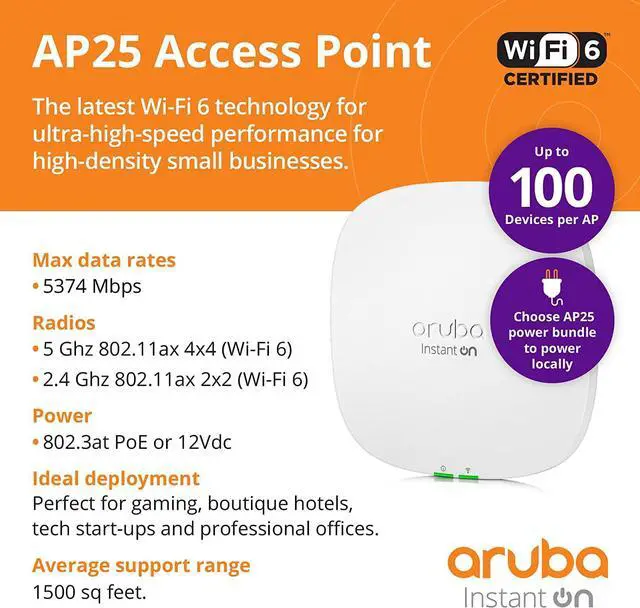 Alt view image 4 of 7 - 3X Pack of Aruba Instant On AP25 (US) 4x4 Wi-Fi 6 Indoor Access Points (R9B27A-3)
