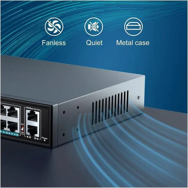 Alt view image 6 of 7 - 24 Port PoE Switch Unmanaged with 2 Gigabit Uplink Ports, 320W High Power, Support IEEE802.3af/at, Vlan, 250m Extend, Rackmount 26 Port Network Power Over Ethernet Switch Unmanaged.