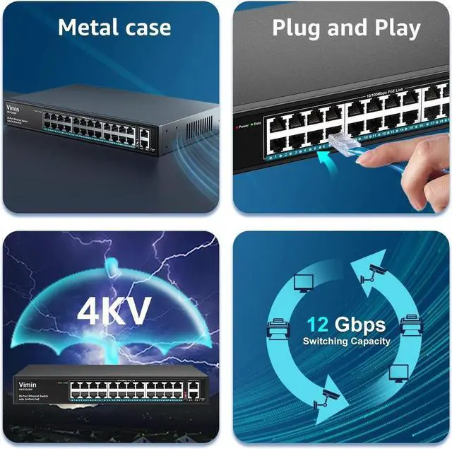 Alt view image 4 of 7 - 24 Port PoE Switch Unmanaged with 2 Gigabit Uplink Ports, 320W High Power, Support IEEE802.3af/at, Vlan, 250m Extend, Rackmount 26 Port Network Power Over Ethernet Switch Unmanaged.