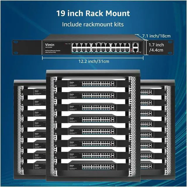 Alt view image 7 of 7 - 24 Port PoE Switch Unmanaged with 2 Gigabit Uplink Ports, 320W High Power, Support IEEE802.3af/at, Vlan, 250m Extend, Rackmount 26 Port Network Power Over Ethernet Switch Unmanaged.