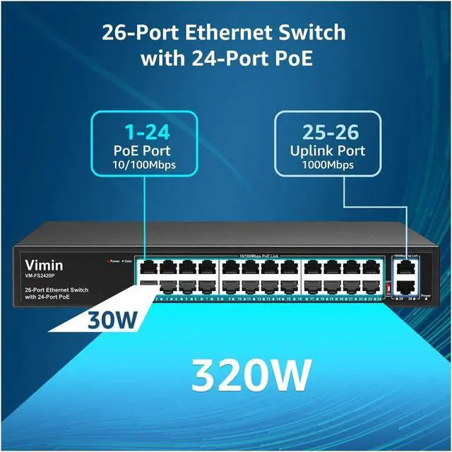 Alt view image 2 of 7 - 24 Port PoE Switch Unmanaged with 2 Gigabit Uplink Ports, 320W High Power, Support IEEE802.3af/at, Vlan, 250m Extend, Rackmount 26 Port Network Power Over Ethernet Switch Unmanaged.